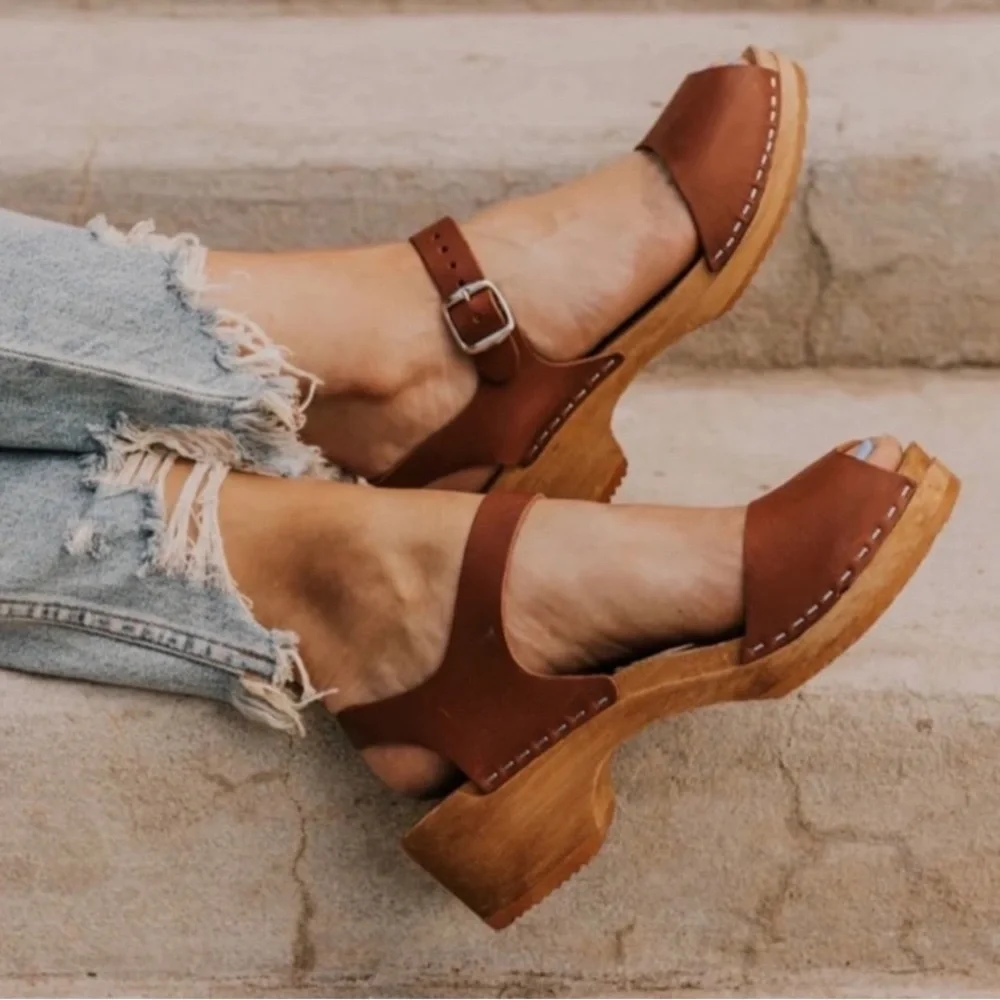 MIA Anja Swedish Leather Open Toe Wood Clog Sandals | 40